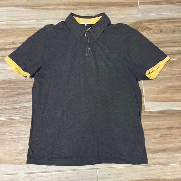 James Perse Standard Mens Polo Shirt Grey Yellow Trim Size 2 Medium Short Sleeve